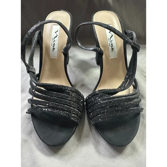 Nina New York Sandals Womens 7M Black Glitter Strappy Block Heel EUR 37 Shoes