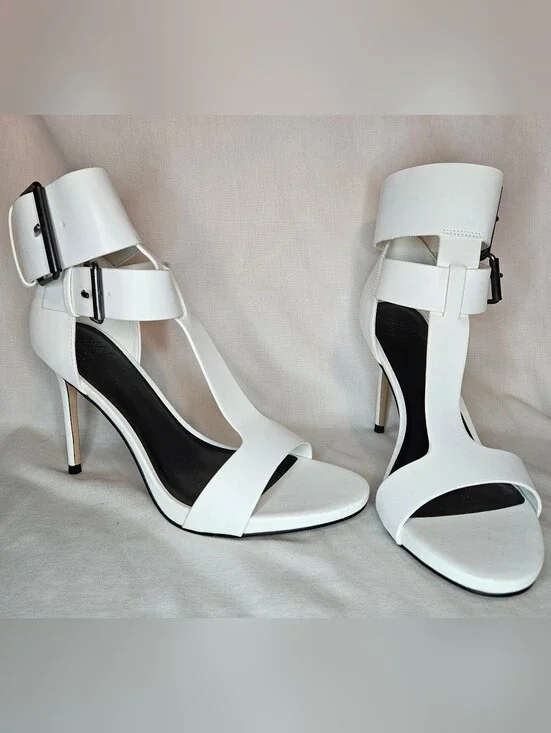 AAJ by Aminah White Zahara Double Buckle T-Strap Stiletto Sandal Heels Size 9