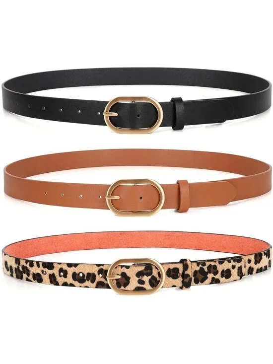 Plus Size Women's Leather Belts - 3 Pack Fashion Waist Belts with Gold Buckle