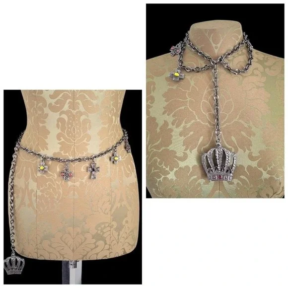 Gothic Gunmetal Silver chain‎ adjustable belt with cross / crown jewel charms