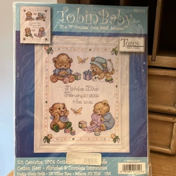 Tobin Baby Birth Sampler Counted Cross Stitch Kit 11” x 14” Teddy Bears New