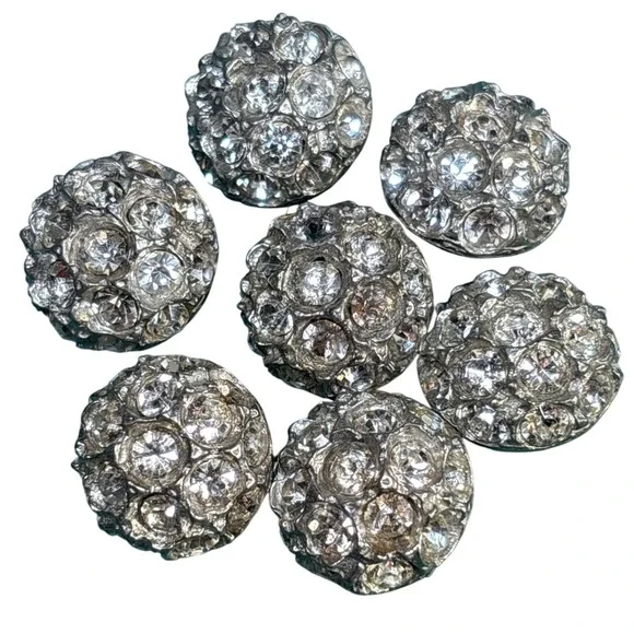 7pc Silver Clear Rhinestone Domed Shank Buttons Antique Style Round Pavé Crystal