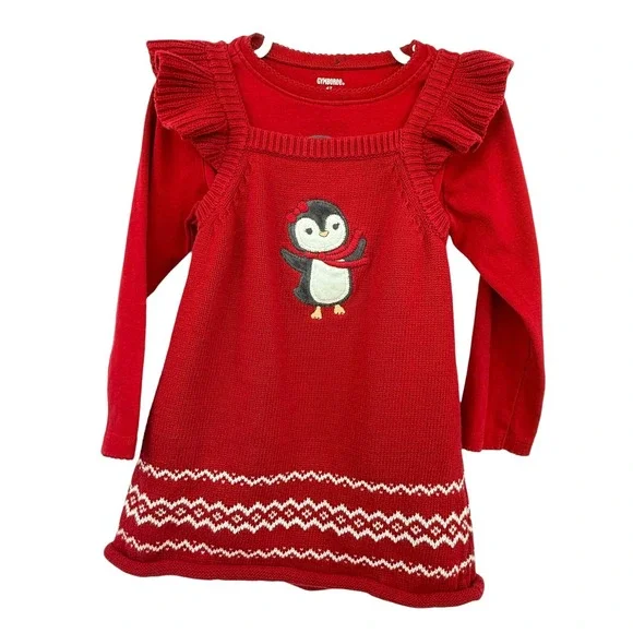 Gymboree‎ Girls Sweater Dress Red Penguin Long Sleeve 3T Holiday Christmas 2 pc