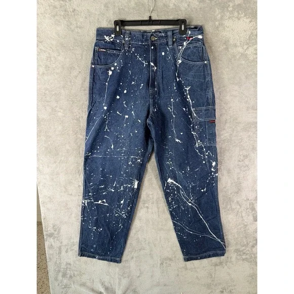 FUBU 90s Vtg‎ BAGGY Carpenter Blue Jeans 36x34 Rap Hip-Hop Paint Splatter