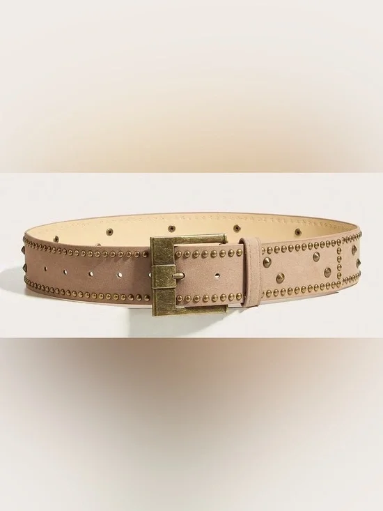 Taupe Faux Suede Bronze Studded Belt/ Medium to Large