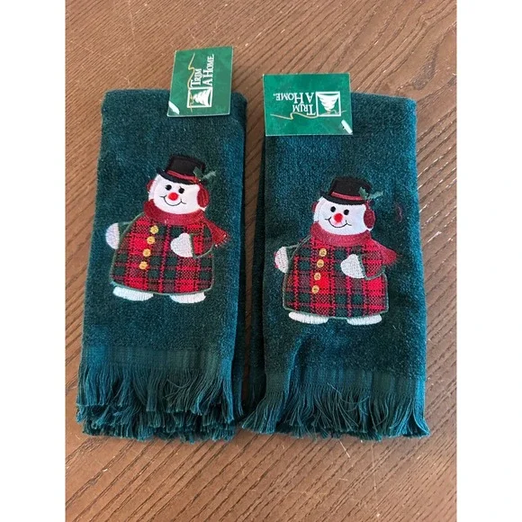 2 VTG‎ Green Kmart Snowman Christmas Winter Fingertip Towels Trim A Home NOS