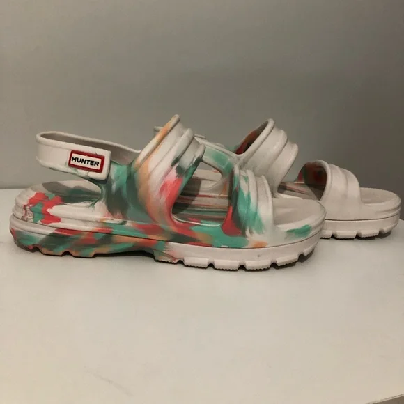 Hunter Bloom Algae Foam Slide Sandals White Marbled Tie Dye Women’s US 10 UK 8