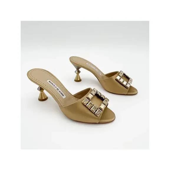 Manolo Blahnik Uliana Golden Brown Satin Crystal Open Toe Mule Heels IT 37