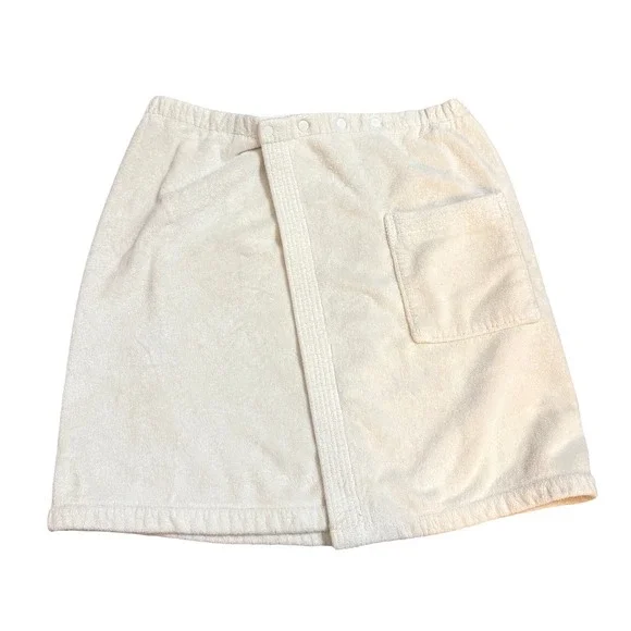 Hammacher Schlemmer White Cotton Terry Spa Bath Wrap Snap Closure Pocket