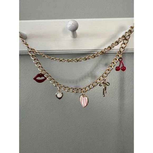 Betsey Johnson Gold Tone Charm Chain Belt with Red and Pink Accents