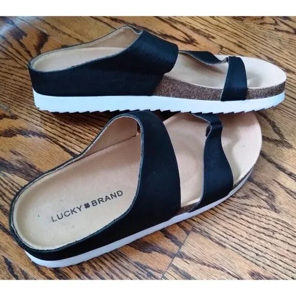 Women's Black Lucky Brand Harribel Toe-Loop Leather Sandals (Size 7M / 37.5)