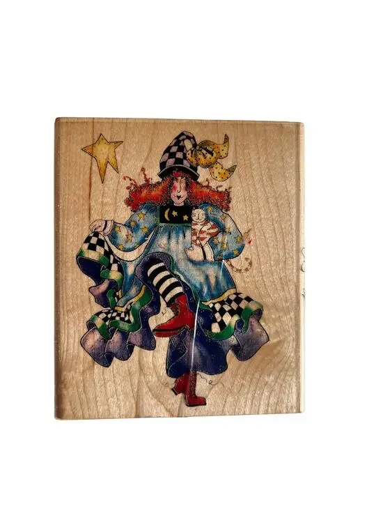 Stamp Quirky Witch and Cat Alma Lynne Inkadoo Large Wood Block Vintage 3.5 x 4