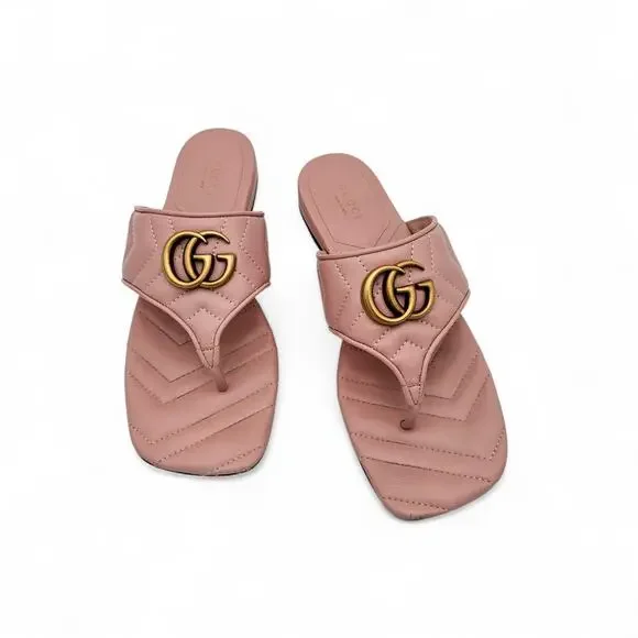 Gucci GG Marmont Flat Thong Sandal Pink Quilted Leather Gold Square Size 37 US 7