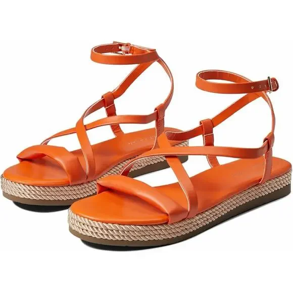 Marc Fisher Natelea Sandals Womens 8 Orange Espadrille Flat Ankle Strap