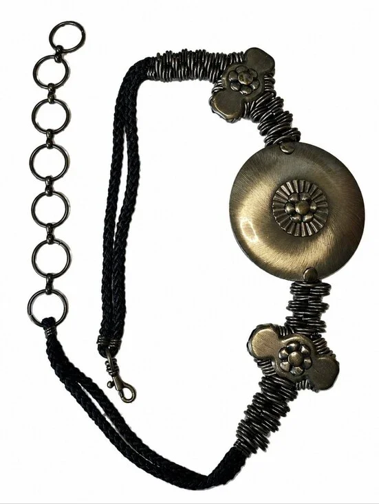 Vintage Boho Gunmetal Medallion Braided Waist Belt Adjustable Korea