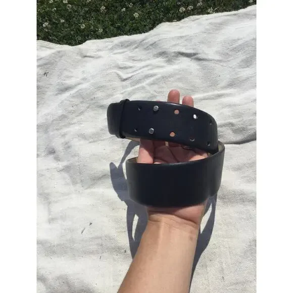Vtg ann taylor womens wide dress belt L Large black leather boho double studed