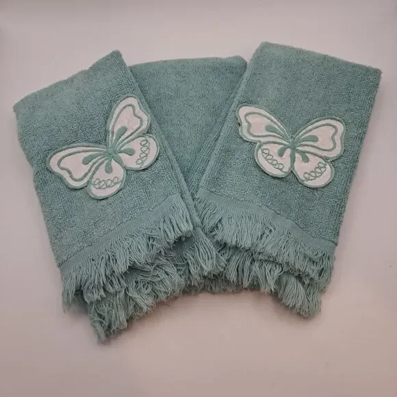 Martex Westpoint Pepperell USA Aqua Hand Towels (3) Butterfly Applique Fringes