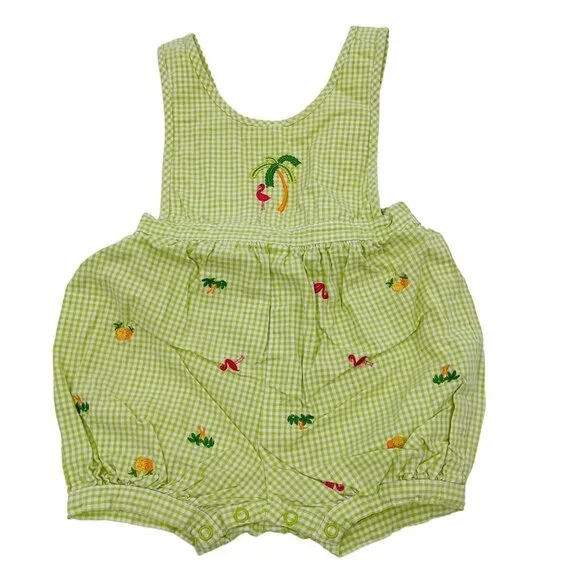 Gymboree Gingham Embroidered Romper Size 3-6 M Tropical Flamingo Palm Tree‎