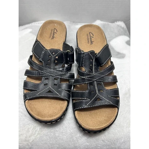 Clarks Bendables Black Leather‎ Strappy Wedge Sandals Women's Comfort Shoes 7M