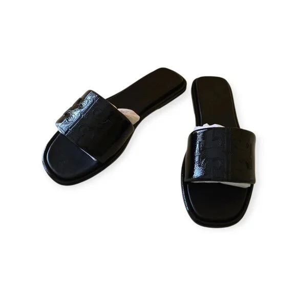 Tory Burch “Double T Sport Slide Sandals” Patent Leather (Perfect Black) Size 10
