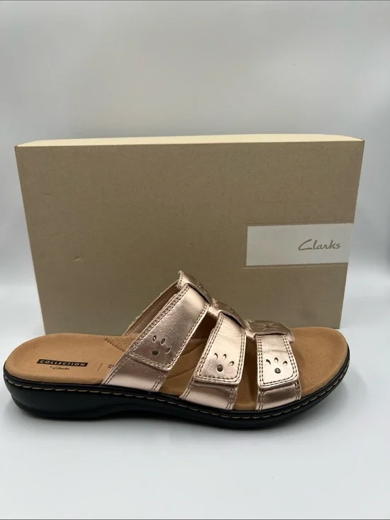 Clarks Leisa Spring slide sandals triple strap rose gold metallic 12 NARROW 12N