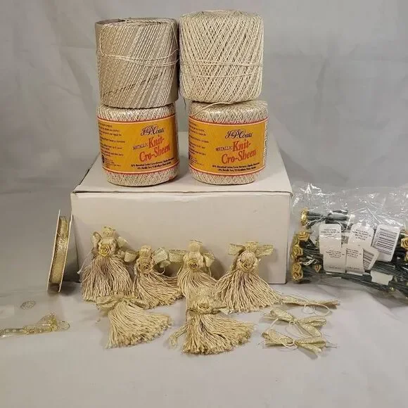 Yarn angel gold halo & flower Metallic Craft project w/6 angels & extra supplies