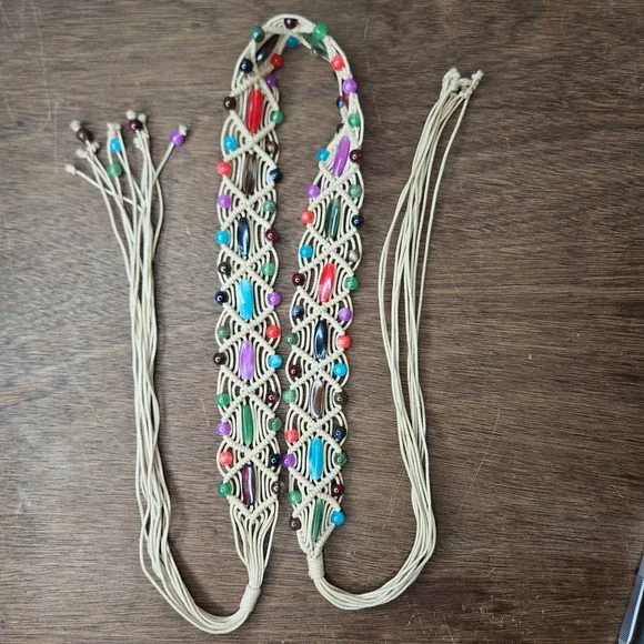 Vtg Style Macrame Beaded Waist Belt Beige Boho Hippie Self Tie Tassel 60