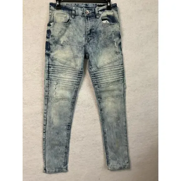 Essentials Jeans Mens 30x30 Skinny Moto Biker Acid Wash Ribbed Knees Distressed