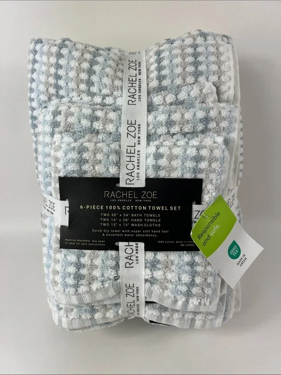 Rachel Zoe Towel Set Blue Tan White Waffle Weave Soft 100% Cotton 6 Pc Set NEW