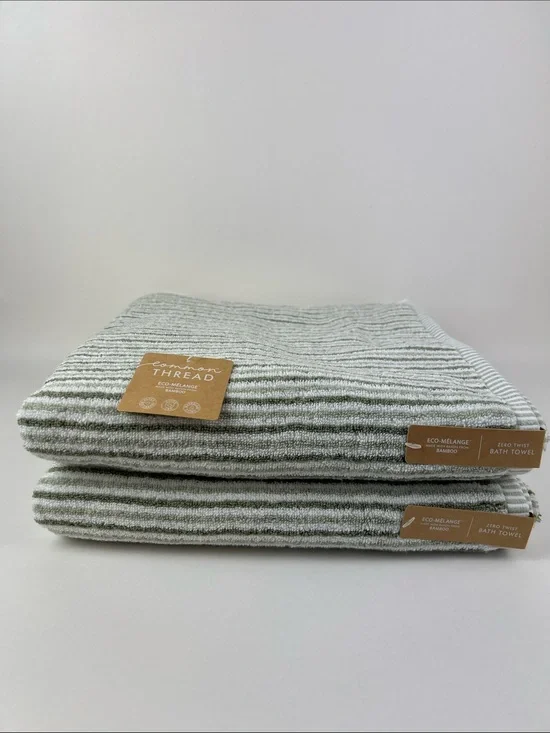 Common Thread Bamboo Bath Towels Eco-Melange Green White Stripe 2 Pc NEW