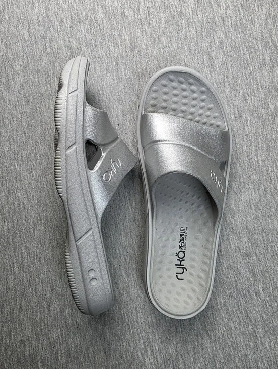 Ryka Metallic Silver Slip-On Slide Sandals for Women Size 9