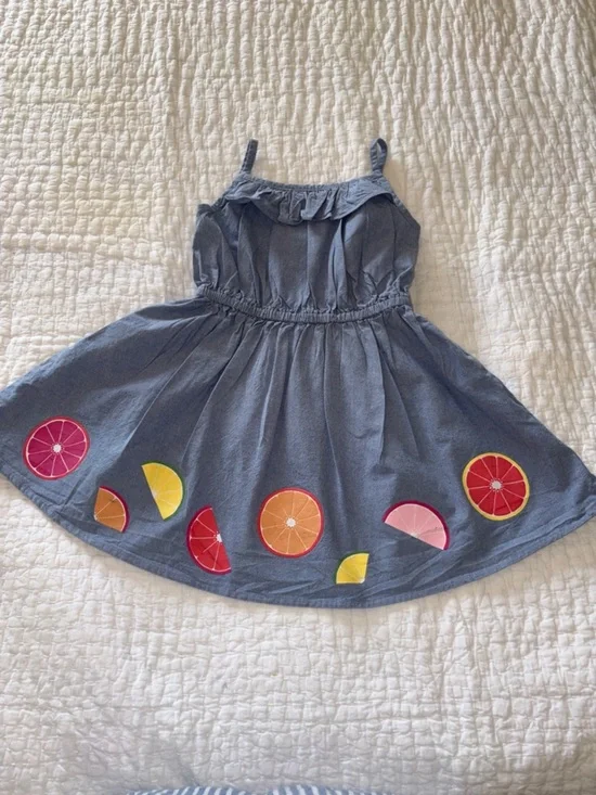 Gymboree Girls Blue Chambray Fruit Appliqué Sundress EUC 5