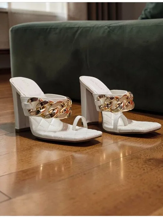Quilted Chain-Embellished High Heel White Sandals With Square Toe Design