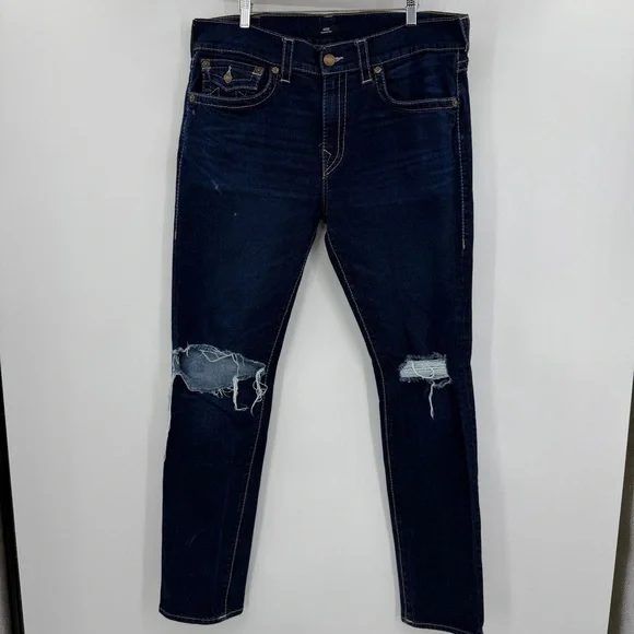 True Religion Geno Relaxed Slim Distressed Jeans Mens 36 Indigo Blue Flap Pocket