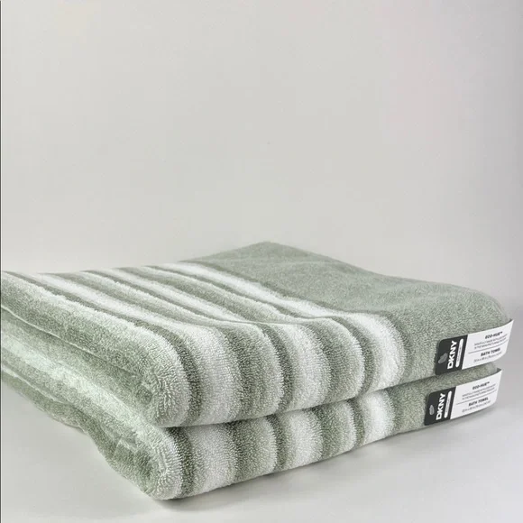 2pc DKNY Bath Towels Eco Hue Sage and White Striped Plush Cotton NEW