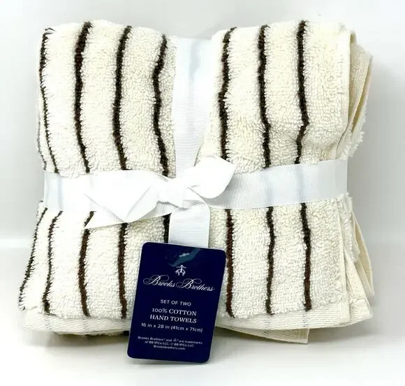 Brooks Brothers Brown Cream Striped Cotton Hand Towels Set 2 Measures 16x28