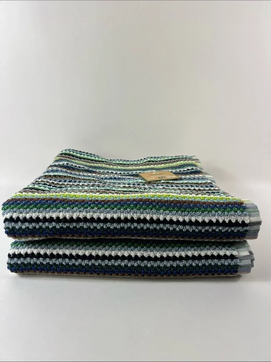 Deborah Connolly Bath Towels Boho Striped Bright Teal Green Blue Soft 2 Pc NEW
