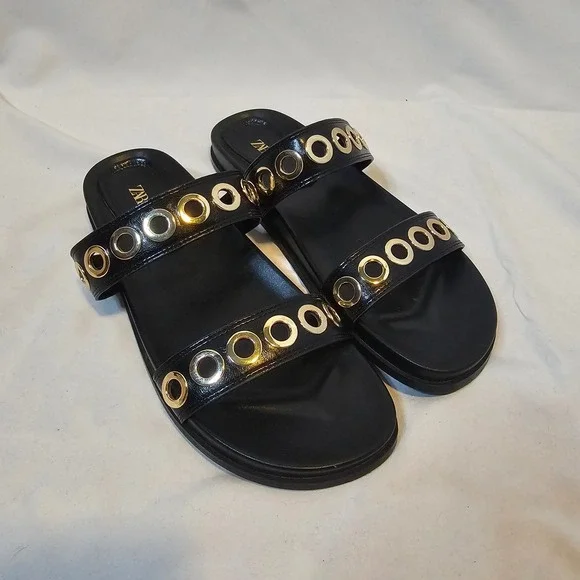 Zara Eyelet Grommet Double Strap Slide Sandals Womens 10 Black Gold Edgy Chic