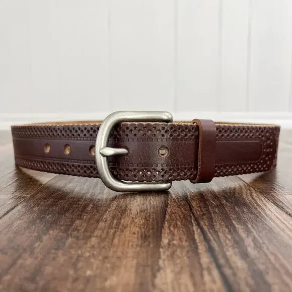 Laser Cut Belt Scallop Edge Bonded Leather Solid Brass Buckle Size Medium Brown