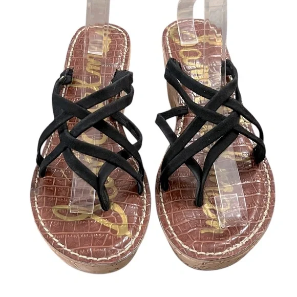 Sam Edelman Reana 3D Black Strappy Leather Cork Wedge Sandals Size 8.5