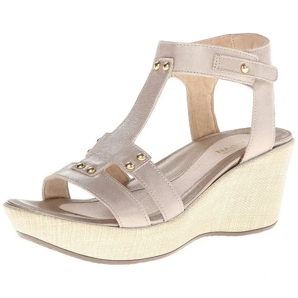 Naot Flirt Metallic Champagne Leather Wedge Sandal Size 41 US 10 Rivet Accent