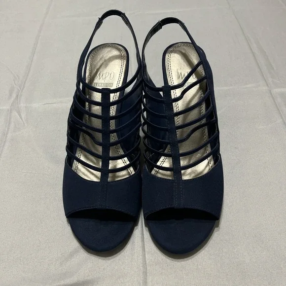 Impo‎ Stretch Navy Strappy Size 9M Open Toe Slingback Heels Comfort Dress Shoes