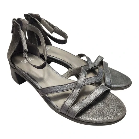 Eileen‎ Fisher Metallic Silver Leather Ankle Strap Block Heel Sandals Size 8