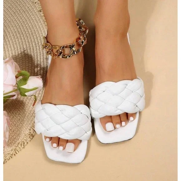 White Braided Square Toe Slide Sandals Flat Woven Strap Summer Shoes
