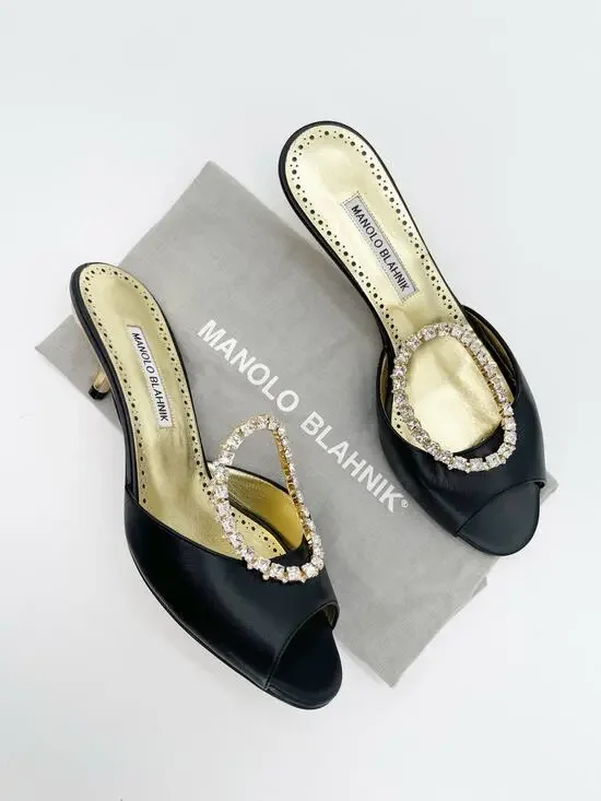 Manolo Blahnik Astria Black Gold Leather Crystal Ring Slide Mule Sandals IT 39