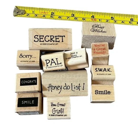 Lot of 12 mini word rubber stamps. Most of the stamps are brand new.