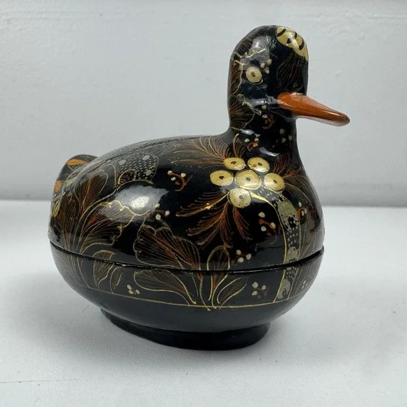 Vtg 80s Kubla Crafts Kashmir Hand Painted Duck Trinket Box Boho Cottagecore