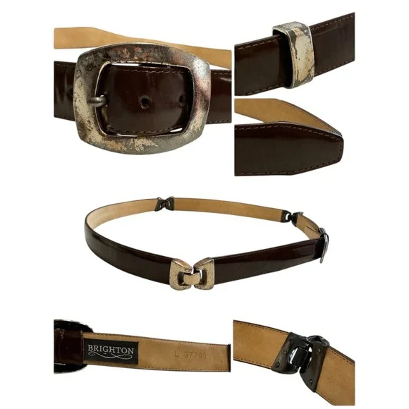 Brighton Womens Belt Brown Leather Silver‎ Interlocking Buckle Vintage Large