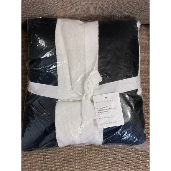 Pottery Barn Reversible Awning Striped Pool Towel Black 32