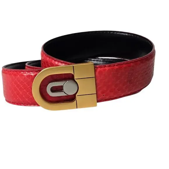 Vintage Womens Red Genuine Snakeskin Belt Gold Metal Buckle Waist Belt 37